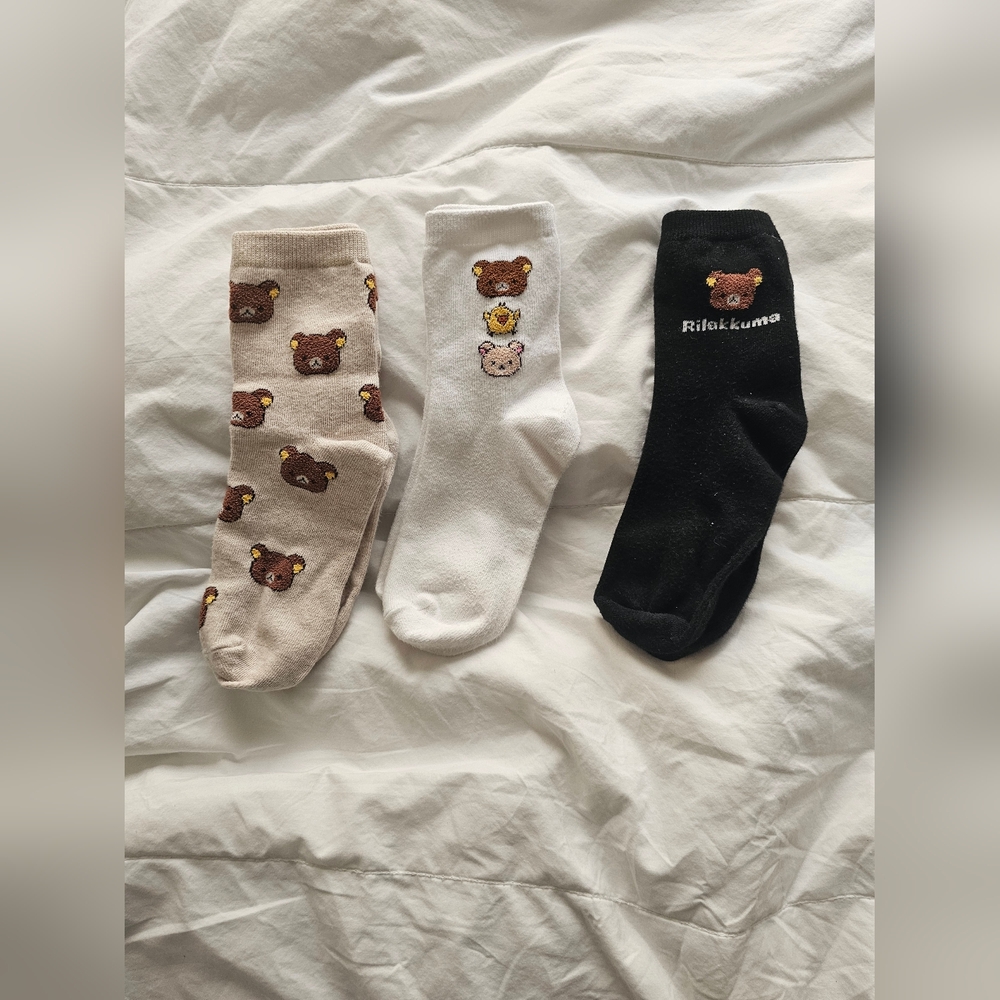 Bear Patterned Socks - Black, White, and Cream (Rilakkuma)